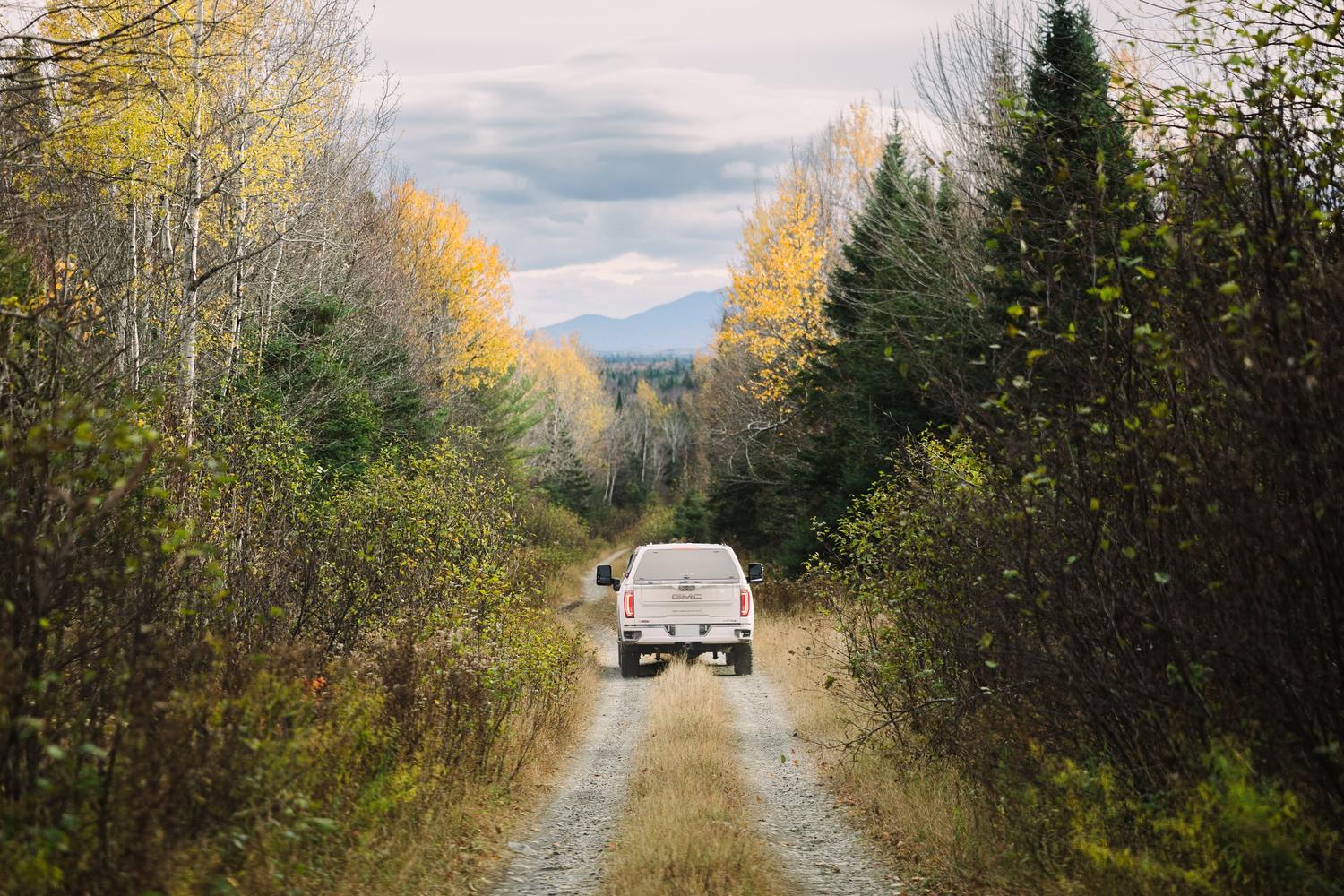 A truck on a two-track heading toward the mountains